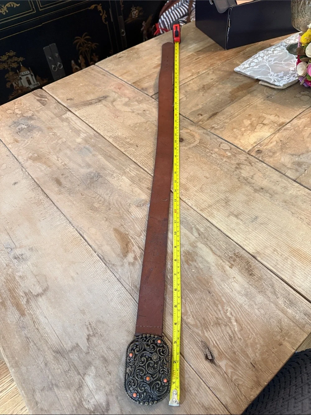 Brown Leather Men's Belt with Ornate Metal Buckle 40 inch